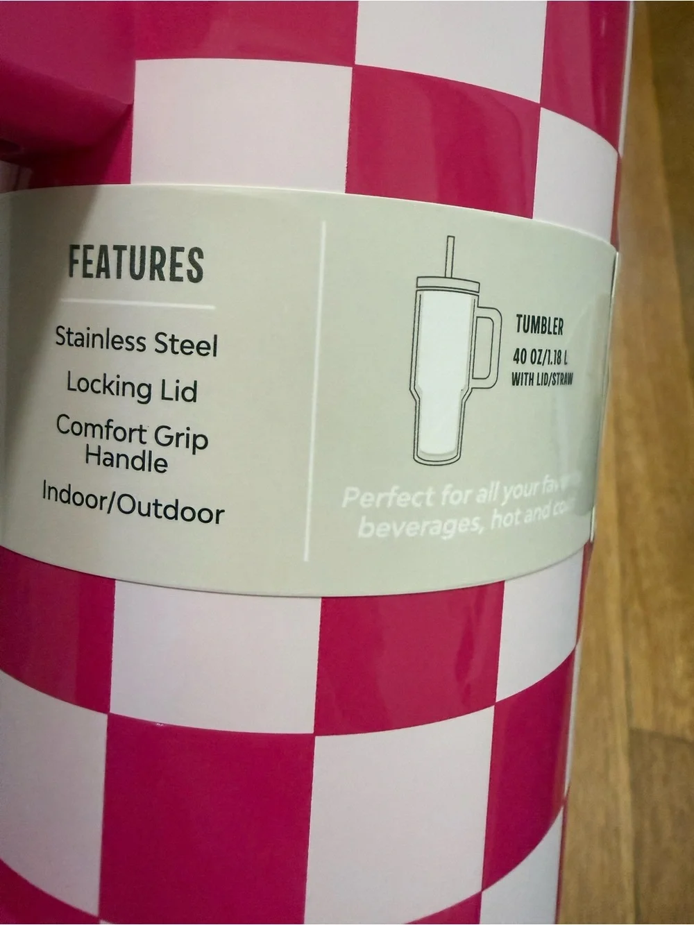 40 oz Pink Checkered Stainless Steel Tumbler with Handle and Straw